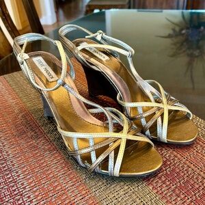 Steve Madden Bronze, Gold & Silver Strappy Sandals with Wedge Heels Size 10